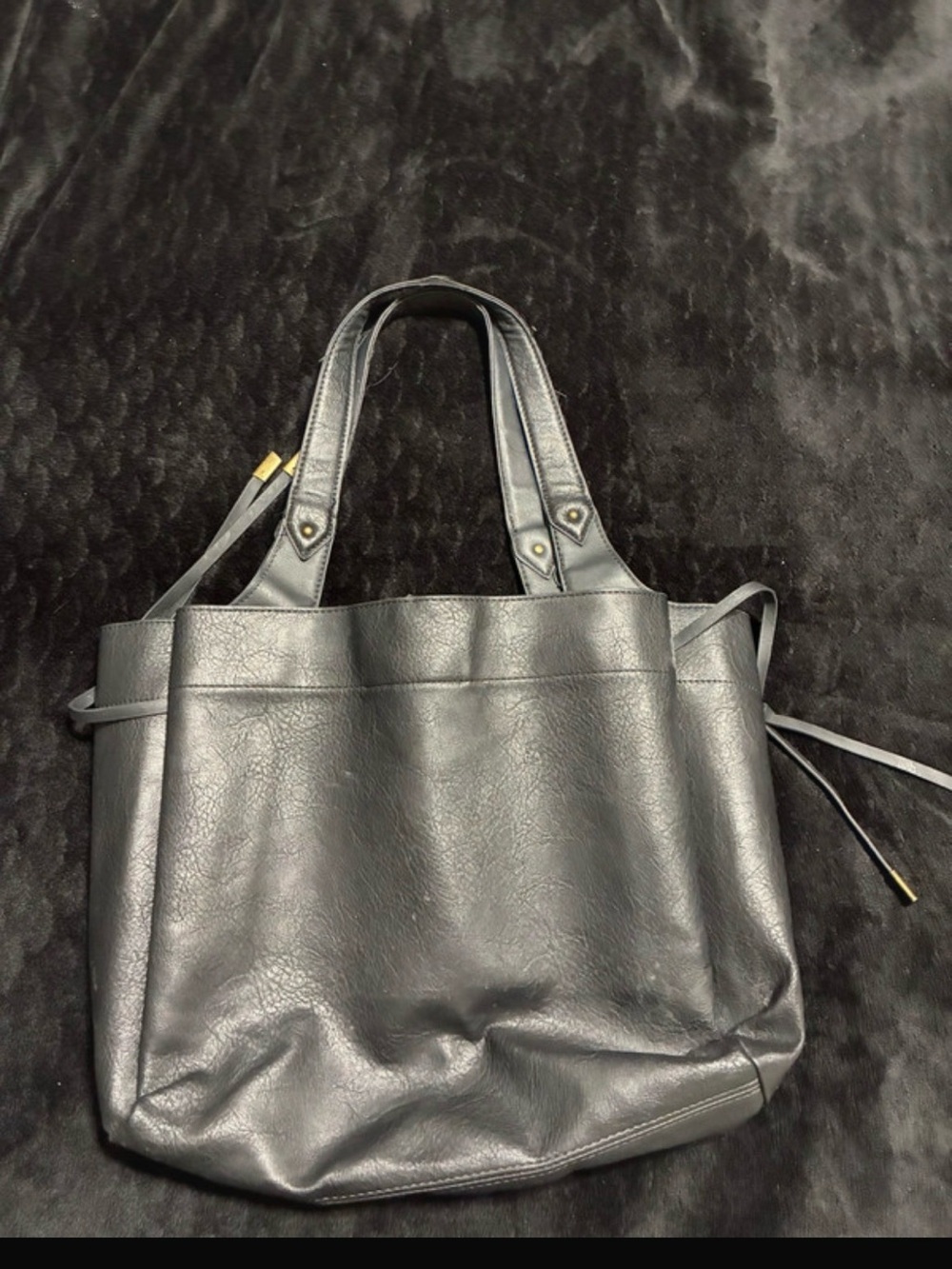 Black Faux Leather Drawstring Tote Bag